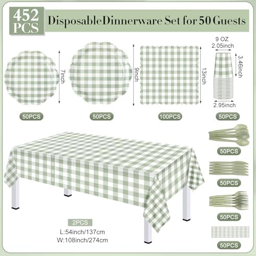 Funnymoom 452 Pcs Sage Green White Gingham Checkered Party Supplies for 50 - Image 3