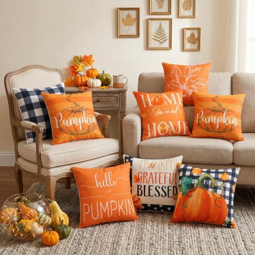 Flutesan 12 Pcs Fall Pillow Covers Hello Pumpkin Thanksgiving Decor, Black - Image 6