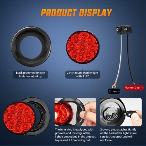 Nilight 2" Round Marker Light 2PCS Red 9LED Indicator Clearance Lights
