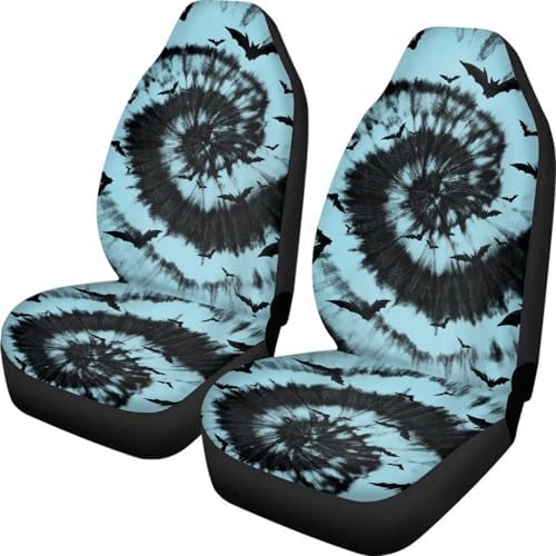 Aqua Black Tie Dye Black Halloween Print Car Seat Cover Colorful Cute Print Front Seat Covers 2 pcs, Vehicle Seat Protector Car Mat Covers, Fit Most Vehicle, Cars, Sedan, Truck, SUV, Van