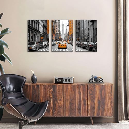 Black and White Canvas Wall Art Framed New York City Wall Decor for Living Room Orange Taxi Photo Print Nyc Urban Skyscraper Picture Car Photography Artwork Bedroom Office Home Decorations 16x24 3pcs - Image 4