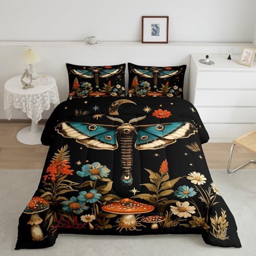 Feelyou Butterfly Bedding Set Full Size Death Moth Comforter Set for Kids Boys Girls Mushroom Comforter Flower Duvet Set by Feelyou