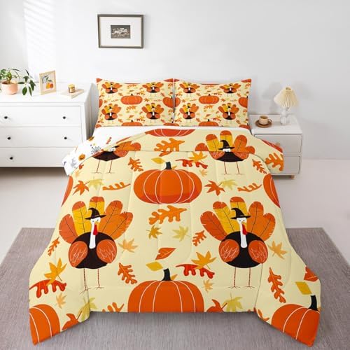 Pumpkin Comforter Set Full Size Fall Maple Leaves Bedding Set For Kids Boys Adults Chicken Cartoon Chic Funny Animal Down Comforter Thanksgiving Day Duvet Set Chick Botanical Bedroom Decor 3Pcs by Erosebridal