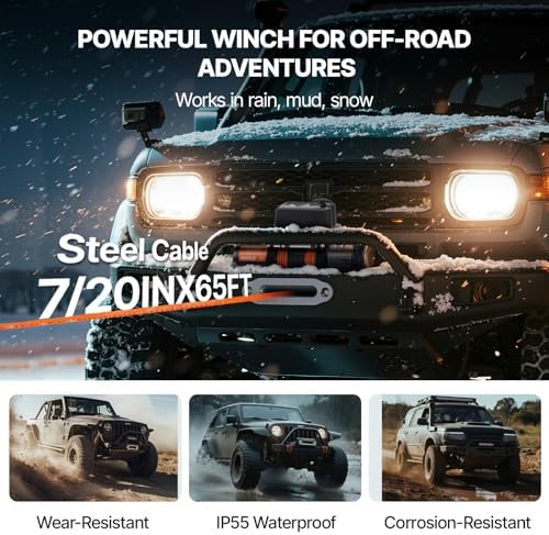 VEVOR Electric Winch, 10,000 lb Truck Trailer Jeep Winch, 12V DC 7/20 in x 65 ft Synthetic Rope Aluminum Fairlead Wireless & Wired Remote Control, IP55 Waterproof Towing for Off Road Jeep SUV Boat - Image 4