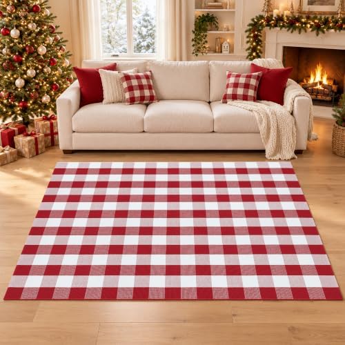 Christmas Red and White Plaid Area Rug 5 x 7 Feet, Cotton Hand-Woven Buffalo Check Rug, Washable Holiday Floor Mat for Living Room, Bedroom and Farmhouse Home Decor - Image 4