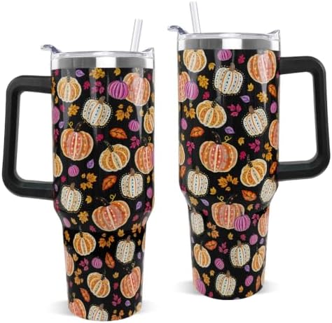 Fall Tumbler with Handle Thanksgiving 40oz Colorful Pumpkin Coffee Travel Mug Autumn Stainless Steel Insulated Cups Cute Fall Thanksgiving Decor Gifts by Unknown