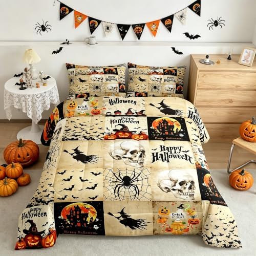 Homewish Happy Halloween Comforter Set King Size,Kids Pumpkin Lantern Witch Bat Skull Spider Web Bedding Set Brown Grid Patchwork Quilt Set Vintage Gothic Duvet Insert Boys Girls Bedroom Decor 3Pcs by Homewish