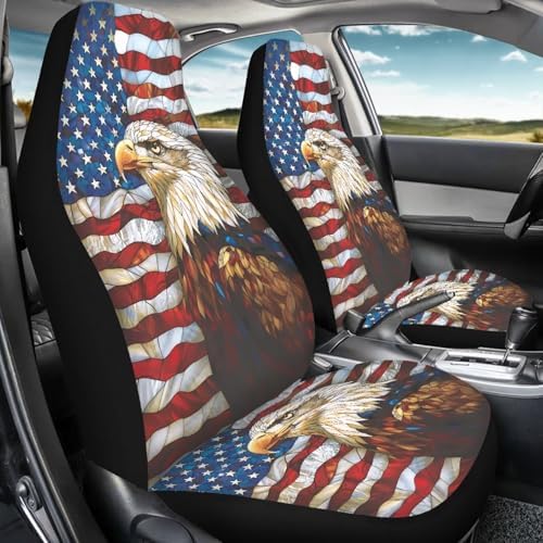 Talayituse Eagle American Flag Print Car Seat Cover Front Seats Only Full Set of 2, Universal Bucket High Back Car Front Seat Covers 4th of July Decoration