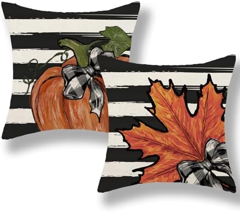 Fall Pillow Covers 20x20 Set of 2 Orange Pumpkin Maple Leaves Stripes Fall Decor Pillowcase Autumn Harvest Decorative Outdoor Throw Pillow Covers Linen Thanksgiving Cushion Case for Sofa Home by Gohdiwh
