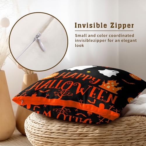 Happy Halloween Ghost Castle Pumpkin Throw Pillow Covers 18X18 Inches Set of 2 Trick or Treat Black and White Stripe Pillowcase Soft Cotton Square Cushion Covers for Home Sofa Bedroom Decoration - Image 4