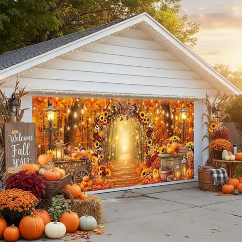 Fall Garage Door Cover 16x7ft 2 Car Pumpkin Sunflower Arch Autumn Decor - Image 3