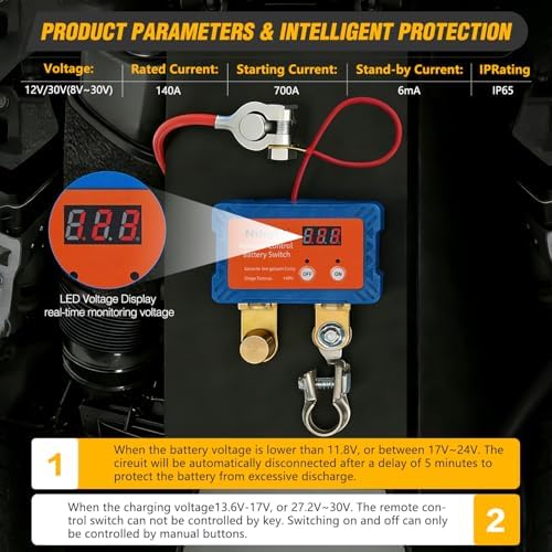 Nilight 140A Battery Disconnect Switch Wireless Remote Voltmeter Display