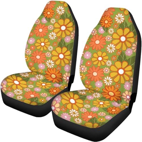 60s Groovy Hippie Flower Print Car Seat Covers 4Pcs Front & Rear Breathable Seat Covers Universal Fits for Truck, Sedan, SUV Auto Interior Protector Car Accessories