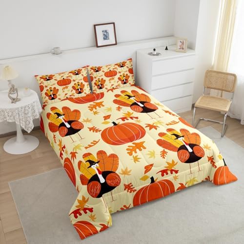 Pumpkin Comforter Set Full Size Fall Maple Leaves Bedding Set For Kids Boys Adults Chicken Cartoon Chic Funny Animal Down Comforter Thanksgiving Day Duvet Set Chick Botanical Bedroom Decor 3Pcs - Image 5