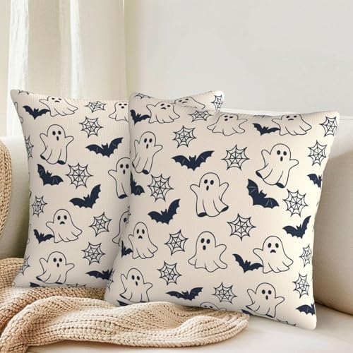 KiuLoam Cute Halloween Pillow Covers 22x22 Set of 2, Black Ghost Bats Spider Webs Print Decorative Throw Pillow Cases, Rustic Farmhouse Style Outdoor Cushion Covers for Sofa Couch Living Room Bed - Image 2