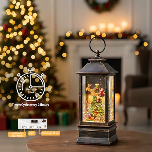 Christmas Snow Globe Lantern with Music & Timer, Vintage Lighted Musical Snow Globe with Swirling Water Glitter, Christmas Tree & Santa Scene, USB/Battery Operated Xmas Decor Gifts - Image 2