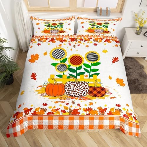 Happy Fall Kids Duvet Cover Set Full Size,Pumpkin Sunflowers Maple Leaf Bedding Set,Girls Boys Adults Room/Cabin Decor,Geometric Grids Patch Comforter Cover,Rustic Bright Quilt Cover,2 Pillowcases - Image 4