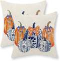 Fall Chinoiserie Pillow Covers 18x18 Set of 2 Blue and Orange Pumpkin Throw Pillows Grandmillennial Autumn Thanksgiving Decoration Pillow Cases Outdoor Fall Decor Cushion Case for Sofa Home by Gohdiwh