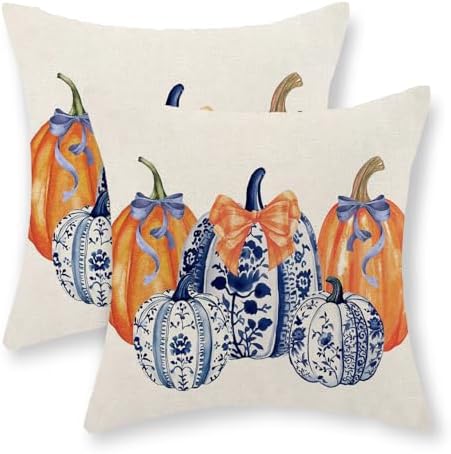 Fall Chinoiserie Pillow Covers 18x18 Set of 2 Blue and Orange Pumpkin Throw Pillows Grandmillennial Autumn Thanksgiving Decoration Pillow Cases Outdoor Fall Decor Cushion Case for Sofa Home by Gohdiwh