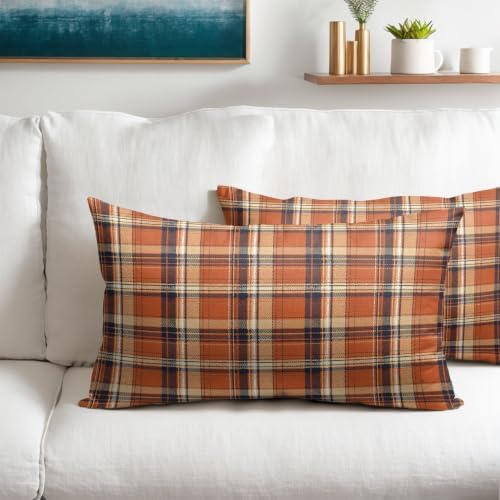Fall Plaid Pillow Covers 12x20 Set of 2 Autumn Burnt Orange Scottish Tartan Square checked Outdoor Throw Pillows Covers Farmhouse Classic Decorative Farmhouse Cushion Case for Room Couch Sofa - Image 2
