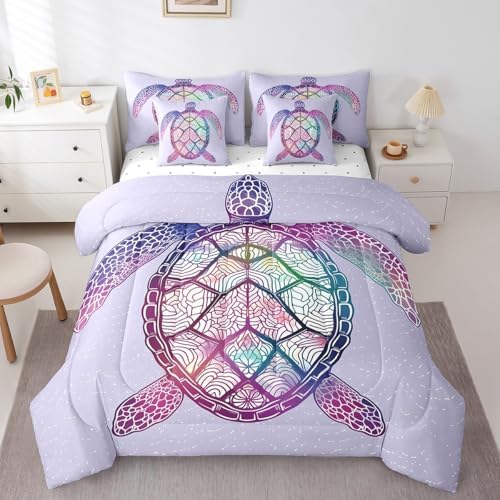 Sea Turtle Comforter Set,7 Pieces Tropical Ocean Sealife Full Bed in a Bag,Abstract Tortoise Coastal All Season Bedding Sets with 1 Comforter,1 Flat Sheet,1 Fitted Sheet,2 Pillowcase and 2 Pillow Sham by Erosebridal