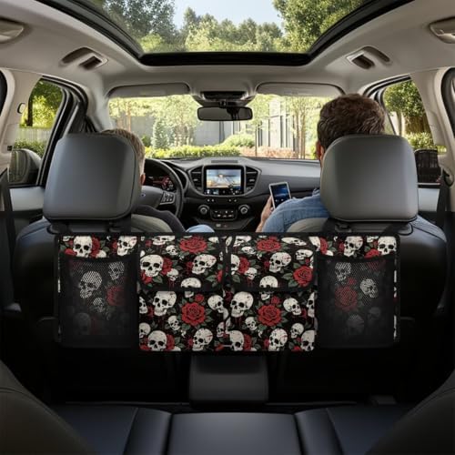 Vintage Skull Red Rose Print Car Trunk Organizer Car Backseat Storage Bag with 4 Pockets Hanging Trunk Cargo Storage Universal Auto Accessories for Sedans SUV Trucks Van