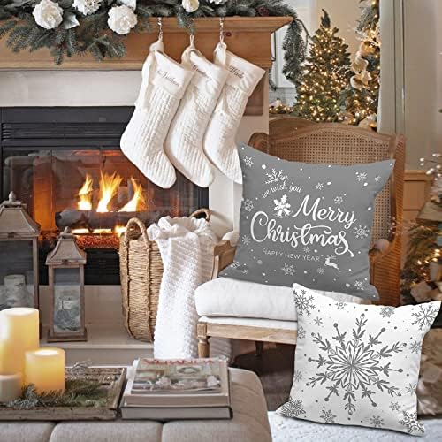 Lanpn White and Grey Christmas Throw Pillow Covers 20x20 Set of 4, Decorative 20 inch Gray Winter Snowflake Xmas Cushion Covers Pillow Cases for Home Bedroom Room Holiday Couch Decor Decorations - Image 4