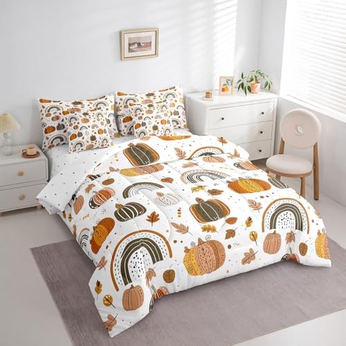 Erosebridal Kids Pumpkin Bedding Set King Fall Botanical Pumpkin Bed in A Bag 7 Piece Cartoon Boho Rainbow Comforter Set for Girls Boys,Cute Autumn Rainbow Pumpkins Sheet Set with Comforter - Image 3