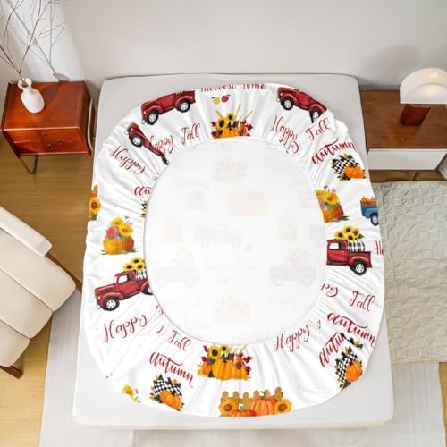 Happy Fall Bedding Set For Kids King Plaid Pumpkin Truck Bed Sheets Thanksgiving Harvest Season Sheet Set Autumn Sunflower Harvest Time Fitted Sheet Red Blue Orange Flat Sheet + 2 Pillow Cases - Image 5