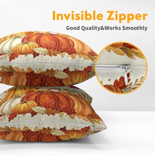 Fall Pumpkin Pillow Covers 22x22 Set of 2 Vintage Burnt Orange Maple Leaves Outdoor Throw Pillows Covers Autumn Thanksgiving Cream Farmhouse Decorative Farmhouse Cushion Case for Room Couch Sofa - Image 5