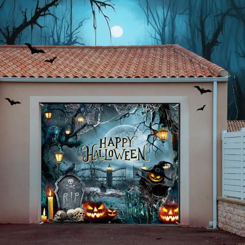Teenyyou Halloween Garage Door Cover 7 x 8 ft Pumpkin Cemetery Scene - Image 5