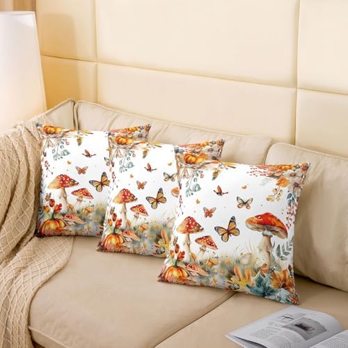 Rustic Autumn Pillow Covers Reversible Print Pack of 2,Nature Mushroom Pumpkin Botanical Plants Decorative Cushion Covers,Fall Maple Leaves Watercolor Flowers Couch Pillow Covers,24"x 24" - Image 4