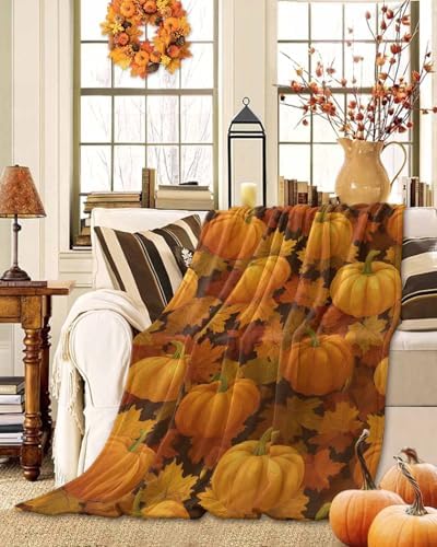 DecorLovee Orange Pumpkins Fall Blanket 40"x60", Reversible Thanksgiving Throw Blanket for Couch/Bed/Camping, Maple Leaf Harvest Lightweight Soft Throw Blanket for Boys, Warm Fuzzy Blankets for Winter - Image 2