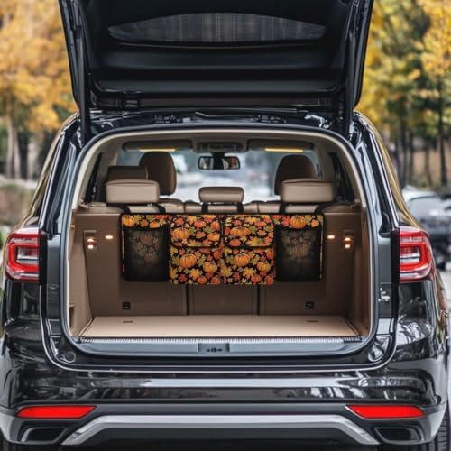Fall Pumpkin Maple Leaf Print Car Trunk Organizer Car Backseat Storage Bag with 4 Pockets Hanging Trunk Cargo Storage Universal Auto Accessories for Sedans SUV Trucks Van