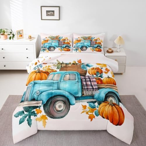Erosebridal Pumpkin Car Bedding Comforter Sets Pumpkin Flowers Comforter Set, Kids Thanksgiving Gifts Bedding for Boys Girls Little Pumpkin Duvet Insert Fall Home Decor, Full by Erosebridal