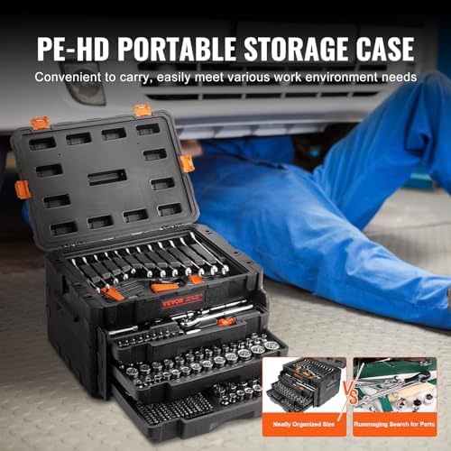 VEVOR Mechanics Tool Set and Socket Set, 1/4" 3/8" 1/2" Drive Deep and Standard Sockets, 450 Pcs SAE and Metric Mechanic Tool Kit with Bits, Hex Wrenches, Combination Wrench, Accessories, Storage Case - Image 5