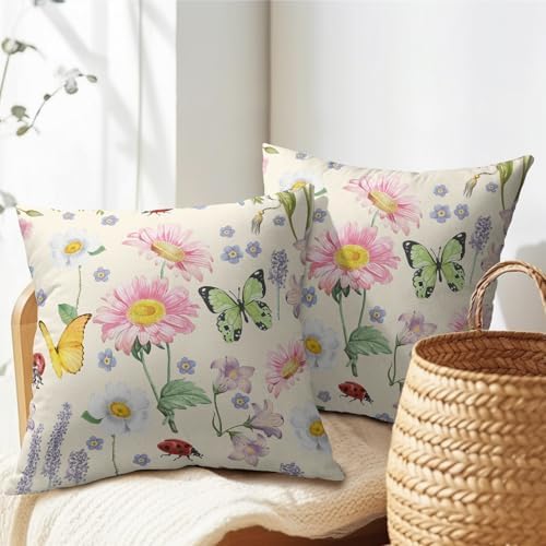 Spring Pillow Covers 20x20 Set of 2 Floral Throw Pillow Covers Rustic Butterfly Pillowcase Linen Decoration Farmhouse Soft Decorative Summer Cushion Case Couch for Indoor Outdoor Home Decor - Image 7