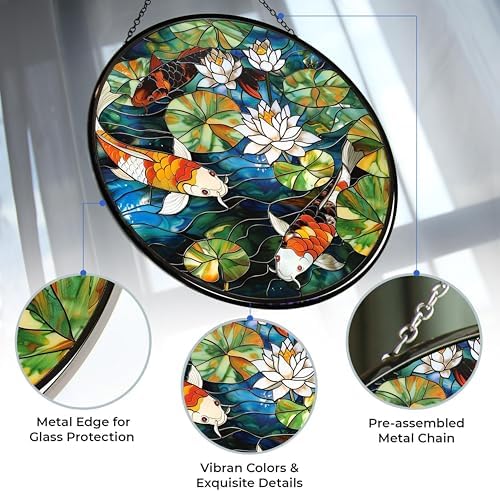Koi Fish Stained Glass Window Hanging, Colorful Koi Fish Sun Catchers Glass Panel Blue Suncatcher Decor for Birthday for Women, Men, Wife, Aunt, and Mom 7.8 in - Image 2
