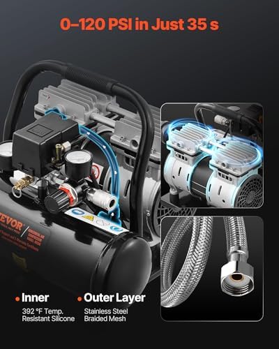 VEVOR Air Compressor, 1 Gallon Steel Tank, 1HP 1.5CFM @ 90PSI Oil Free Air Compressor & Max. 120PSI Pressure, 78dB Ultra Quiet Portable Compressor for Auto Repair, Tire Inflation, Spray Painting, 120V - Image 3