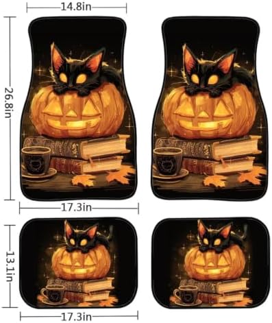 Black Cat Car Floor Mats 4PCS, Rubber Non-Slip Jack-O'-Lantern Front and Rear Floor Mats Gothic Decor All Weather Heel Pad Universal Fit SUV Van Truck