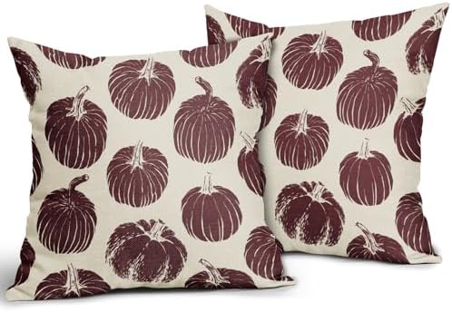 Burgundy Red Pumpkin Fall Pillow Covers 18x18 Set of 2 Autumn Harvest Print Thanksgiving Decorative Throw Pillows Outdoor Farmhouse Cushion Case Seasonal Decor for Couch Sofa Bed - Image 2