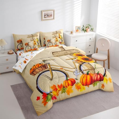 Sunflower Bike Bicycle Comforter Set Full Size with Sheets -7 Pieces Bed in a Bag Thanksgiving Pumpkin Bedding Sets,Farmhouse Fall Leaves Autumn Harvest Bed Set with Comforter,Sheets,Pillowcases - Image 2