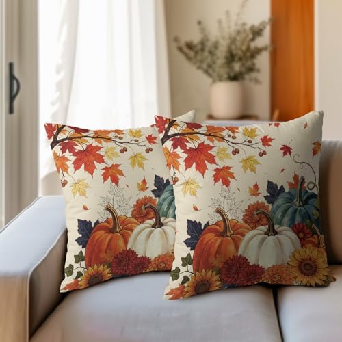 Fall Pumpkin Pillow Covers 16x16 Inch Set of 2, Autumn Blue Orange Throw Pillow Covers Harvest Thanksgiving Pillowcase, Maple Leaf Decorative Seasonal Cushion Case Couch for Indoor Outdoor Home Decor - Image 3