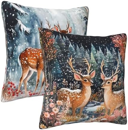 Winter Snowflake Reindeer Forest Throw Pillow Covers 18x18 inch Set of 2 Christmas Pillow Case Cushion Cover for Home Sofa Couch Living Room Car Decor - Image 2