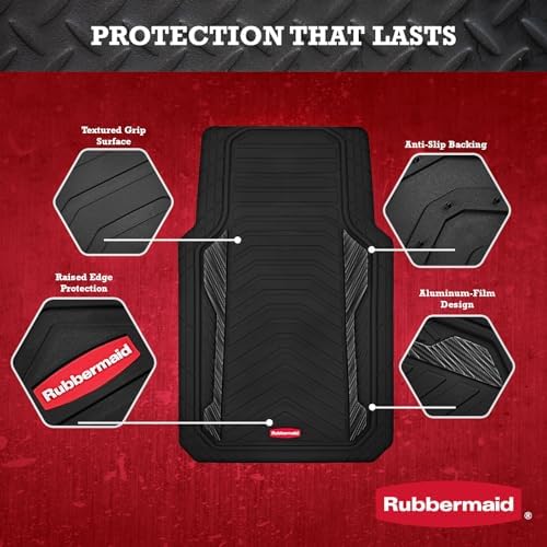Rubbermaid Car Floor Mat, Heavy Duty All-Weather Car Mats Full Set with Dual-Tone Black Aluminum Inserts – Universal Fit, Anti-Slip Backing, Trim-to-Fit for Most SUV, Sedan, Van