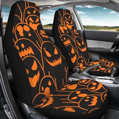 Orange Black Ghost Halloween Print 2 PCS Cool Graphic Car Seat Covers Unique Print Front Auto Seat Cover,Car Bucket Seats Protector Covers Universal fit for SUV Sedan Van