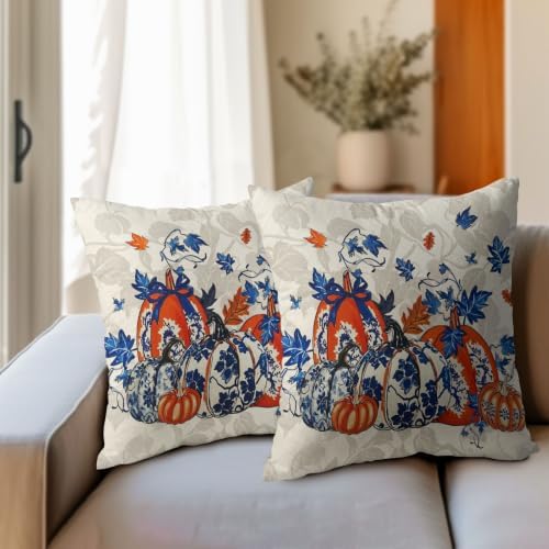 Fall Chinoiserie Pumpkin Throw Pillow Covers 18x18 Set of 2 Autumn Maple Leaves Blue Orange Porcelain Thanksgiving Pillow Covers Grandmillennial for Kitchen Sofa Cushion Outdoor Bedroom Decoration - Image 4