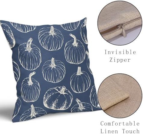 Blue Fall Pumpkin Pillow Covers 20x20 Set of 2 Autumn Themed Thanksgiving Cream Print Decorative Throw Pillows Outdoor Pillowcase Farmhouse Linen Cushion Case Decor for Home Sofa Couch Bed - Image 4