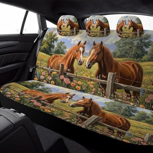Horse Pattern Car Seat Covers, Trendy Universal Car Seat Protector Full Set, Automotive Seat Covers for Front Seats Rear Seat Back Seat Gift (Horses in Meadow, Full Set)