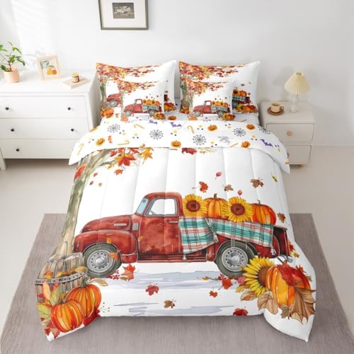 Thanksgiving Pumpkin Queen Size Comforter Set with Sheets Maple Leaves Truck Sunflower - 7 Pieces Bed in a Bag Queen Autumn Harvest Beddding Sets with Comforter,Flat Sheet,Pillowcases & Shams - Image 3